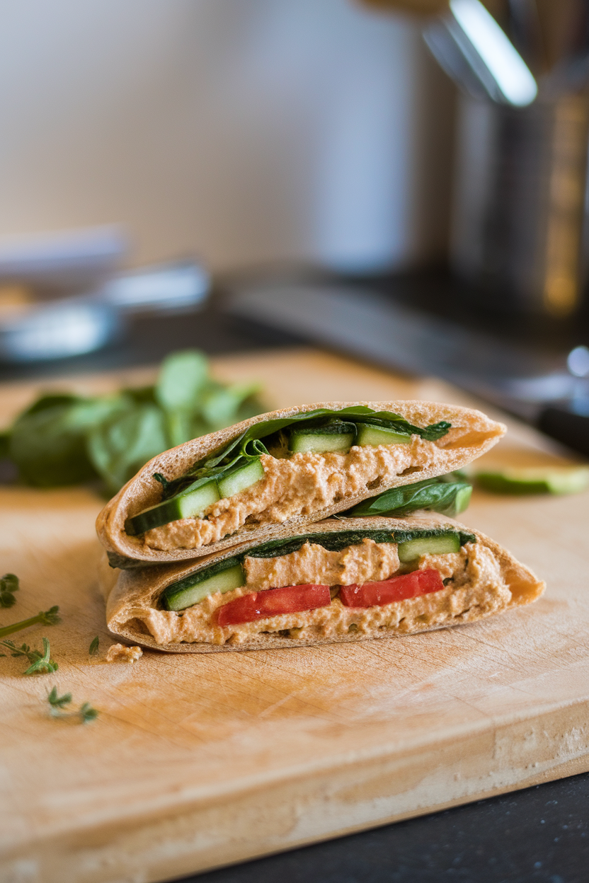 An indoor cutting board with a whole-wheat pita pocket stuffed with hummus, cucumber, tomato, and spinach. Photo, no text or logos.