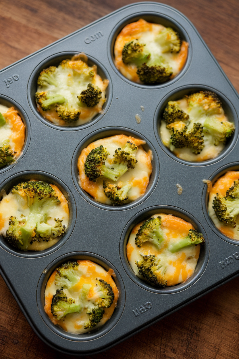 Indoor muffin tin with mini crustless quiches, green broccoli florets and melted cheddar visible on top. No text or logos present.