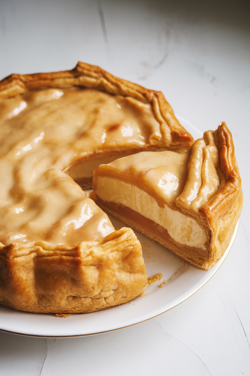 Indoor photo of a golden puff-pastry galette with shiny almond glaze, a single slice slightly pulled out revealing frangipane, no text or logos