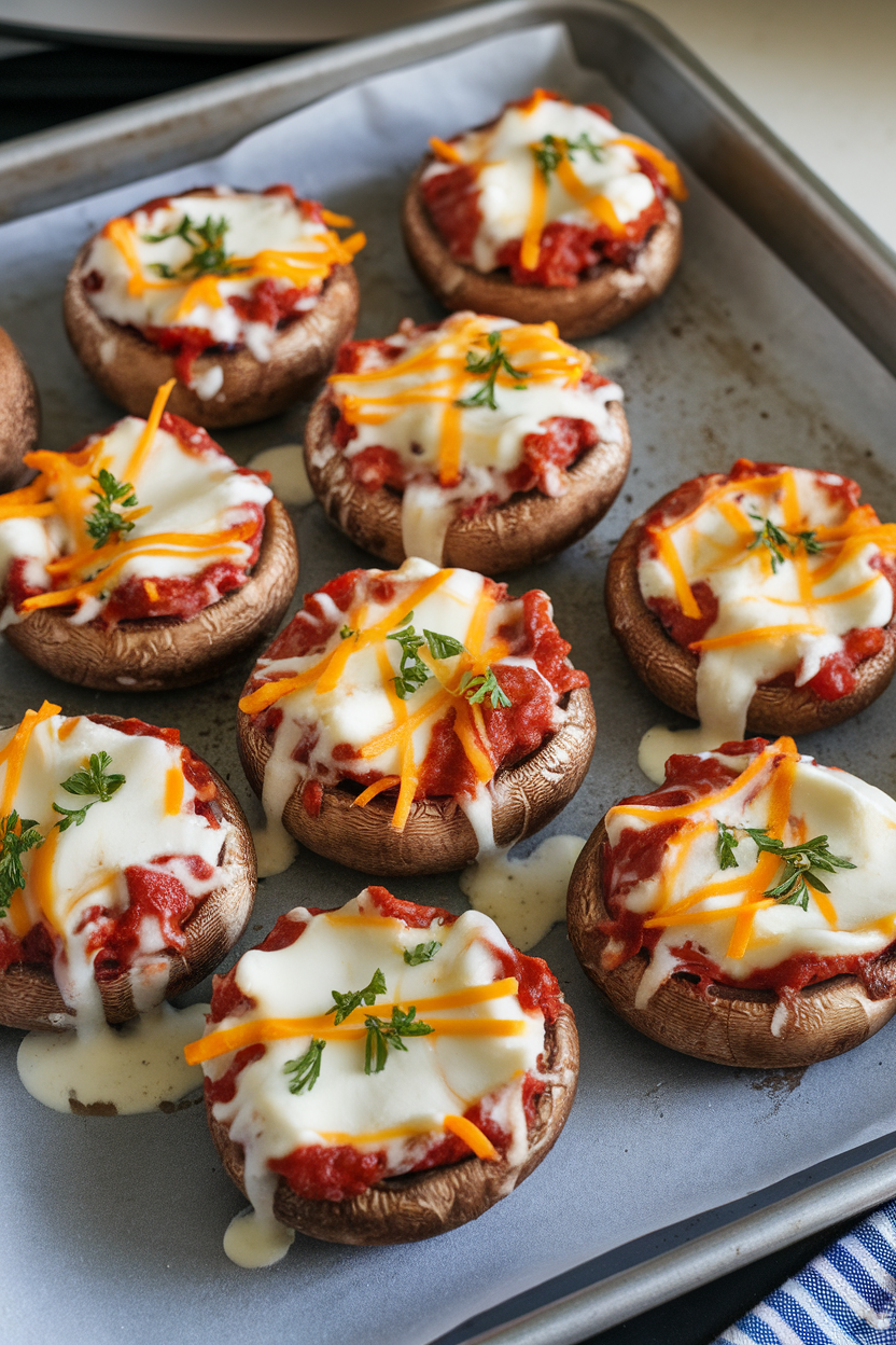Indoor baking sheet of broiled mushroom caps oozing with melted mozzarella, cheddar, and Parmesan, parsley scattered; no text or logos