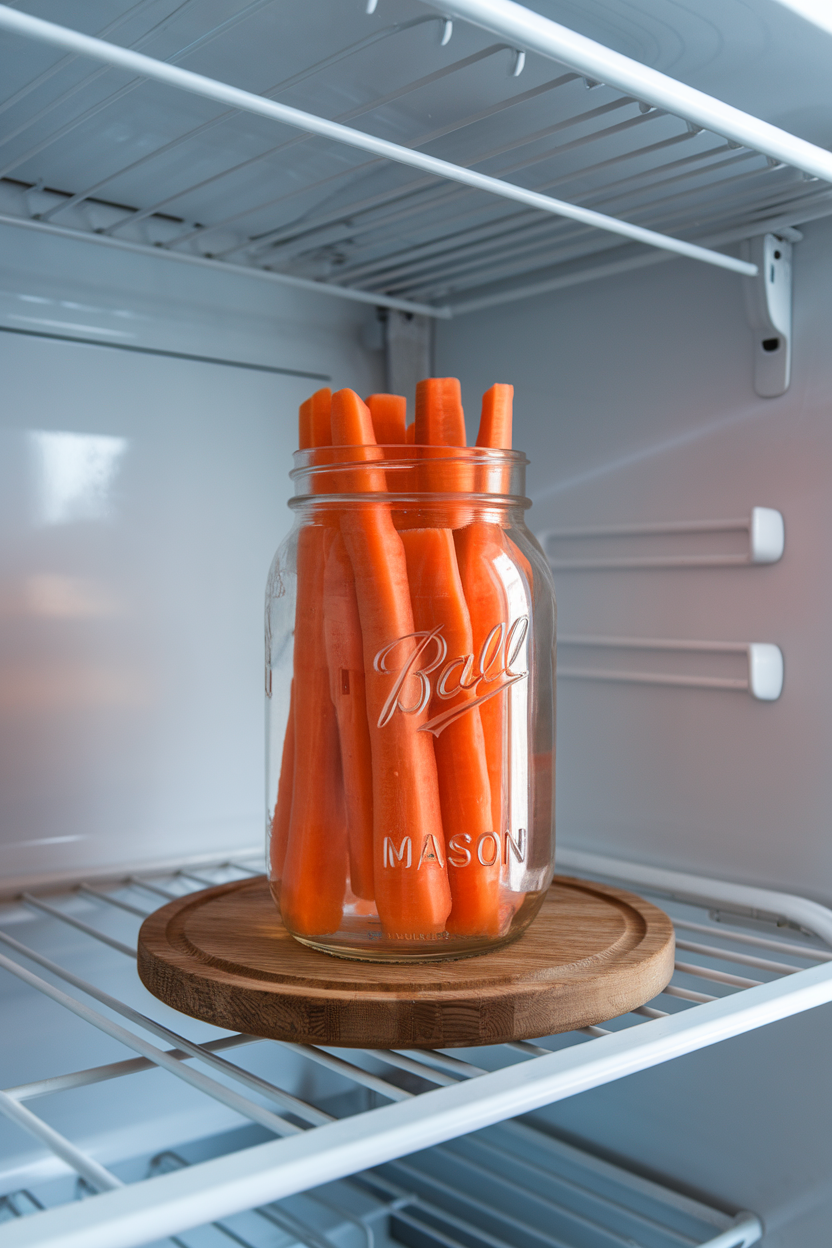 Photo, indoor refrigerator shelf with a mason jar of upright carrot sticks in water, bright even lighting, no logos.
