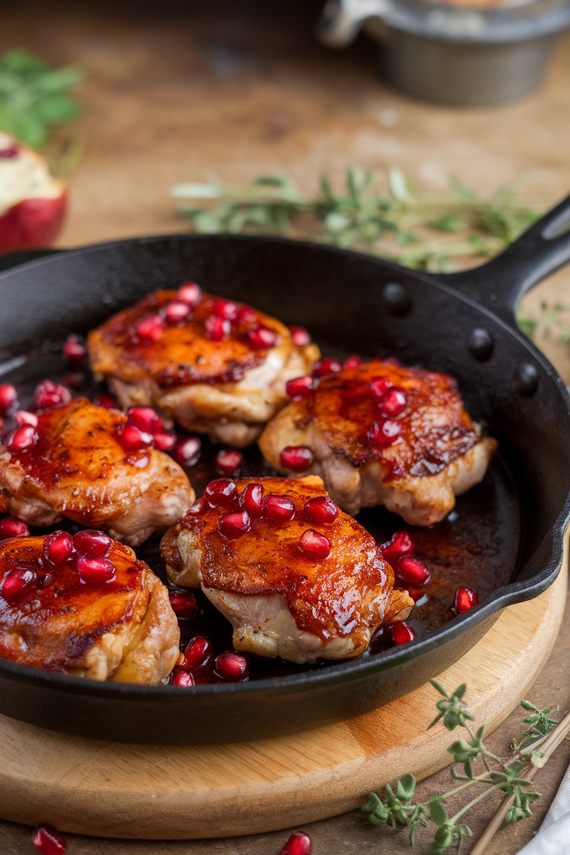 An indoor skillet of browned chicken thighs glazed with deep-red pomegranate reduction, sprinkled with fresh arils. Photo, no text or logos.