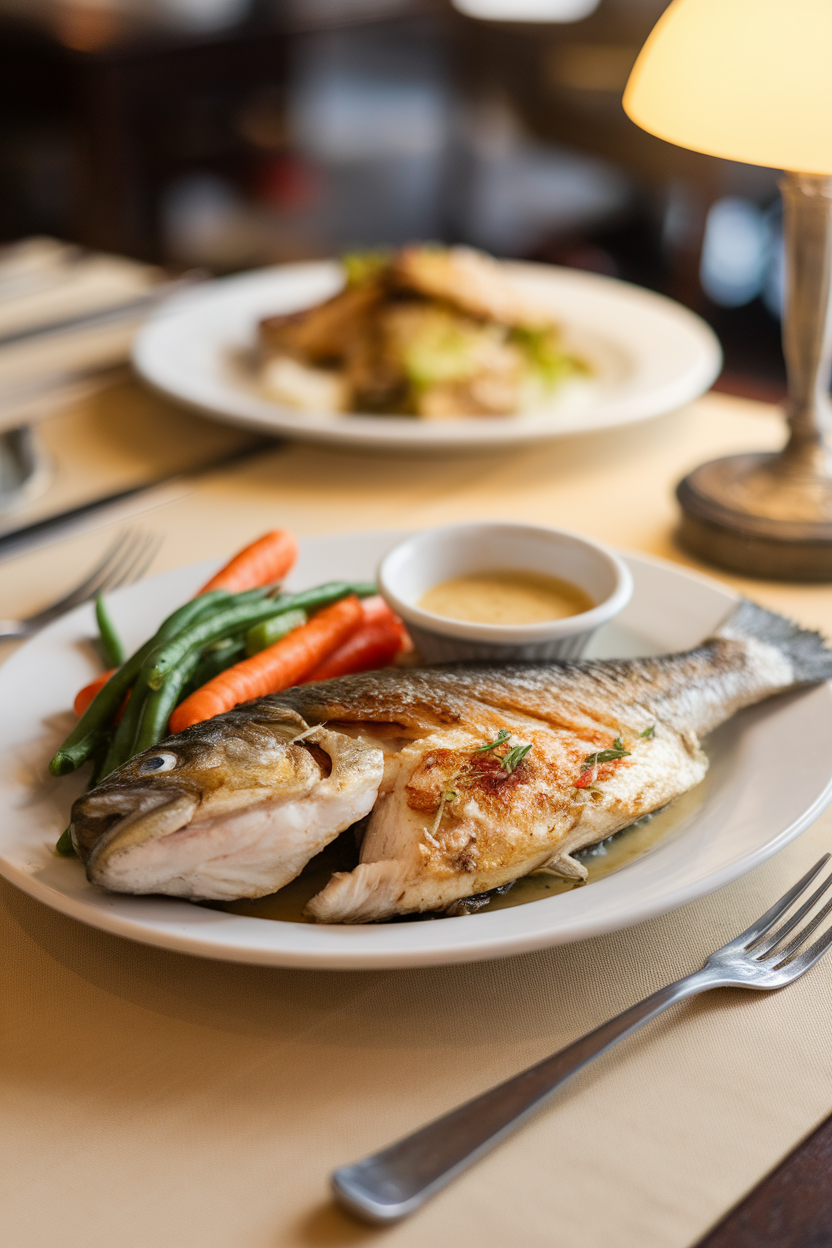 Indoor photo of a restaurant plate featuring grilled fish with steamed vegetables, sauce served on the side; no text or logos.