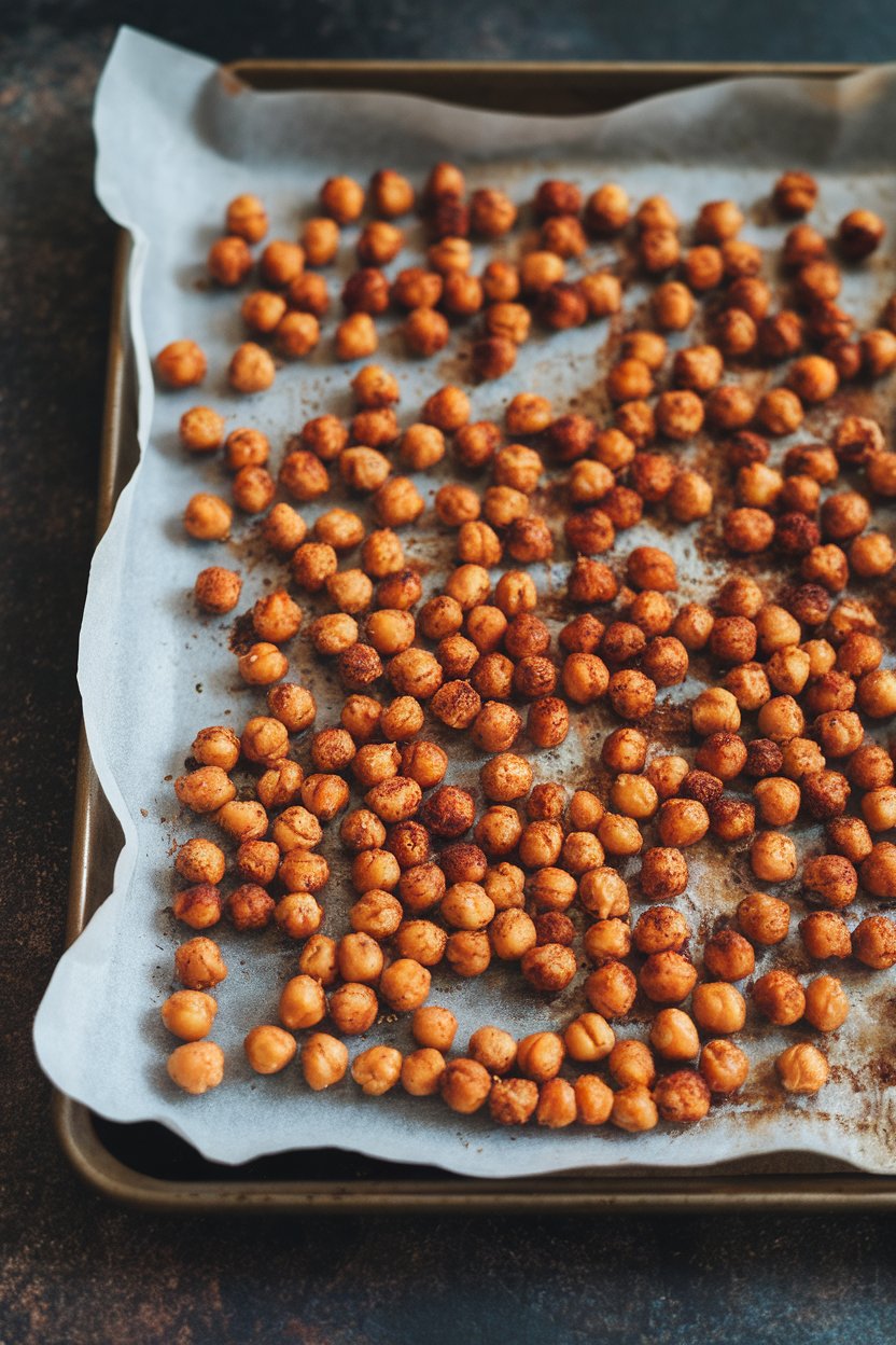 A baking tray indoors lined with parchment, covered in roasted chickpeas coated in paprika and cumin, slightly charred. No text or logos. Photo.