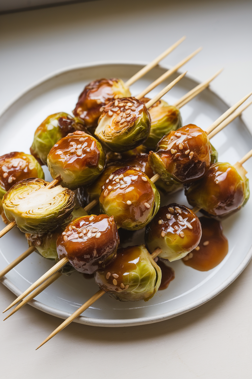 An indoor platter with small bamboo skewers threaded with roasted Brussels sprout halves coated in a shiny maple-mustard glaze. Photo, no text or logos.