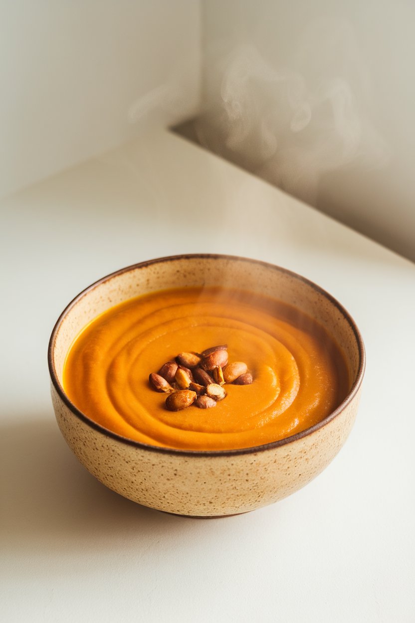 An indoor bowl of velvety pumpkin soup topped with roasted pepitas, steam rising gently. Photo, no text or logos.