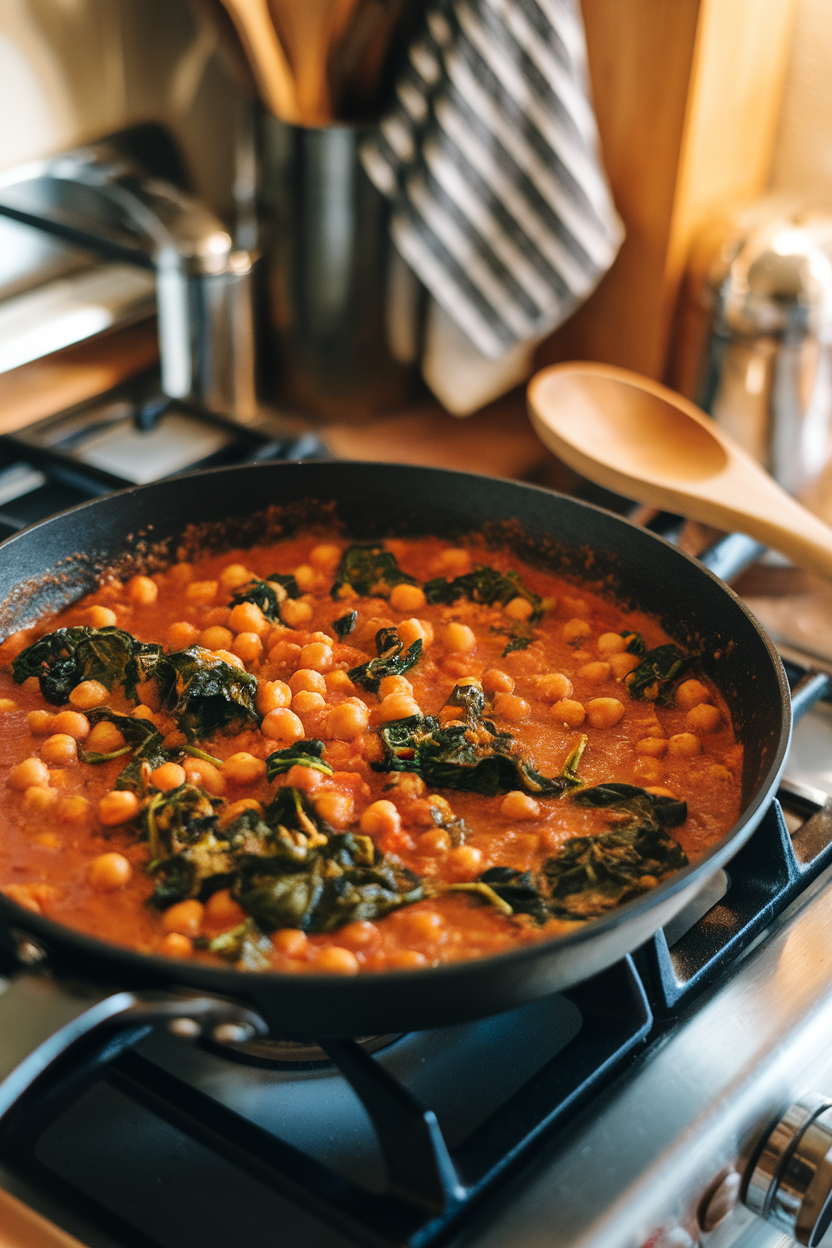 An indoor stovetop scene of a skillet filled with tomato-based chickpea curry dotted with wilted spinach. No text or logos.