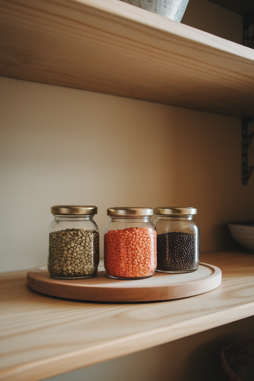 Indoor photo of three small glass jars holding green, red, and black lentils on a pantry shelf; soft neutral light, no text or logos