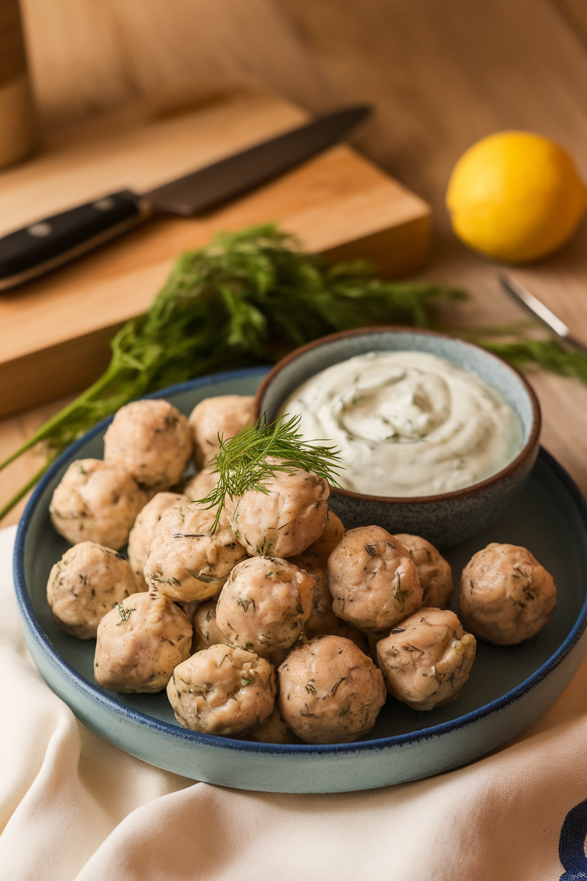 Indoor platter holding small chicken meatballs flecked with dill, accompanied by a bowl of tzatziki. Warm light; no text or logos.