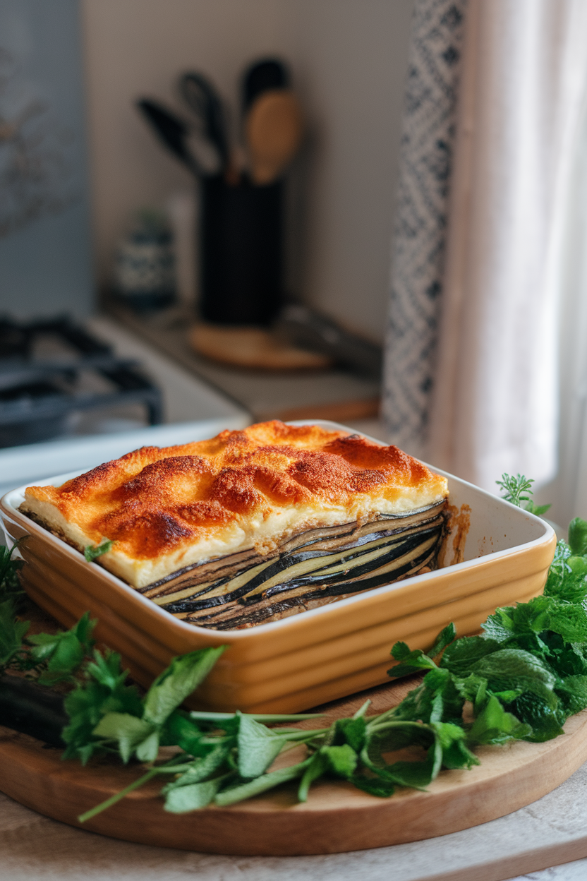 A square casserole dish indoors displaying a slice of layered eggplant, zucchini, and potato moussaka topped with bronzed béchamel; no text or logos.
