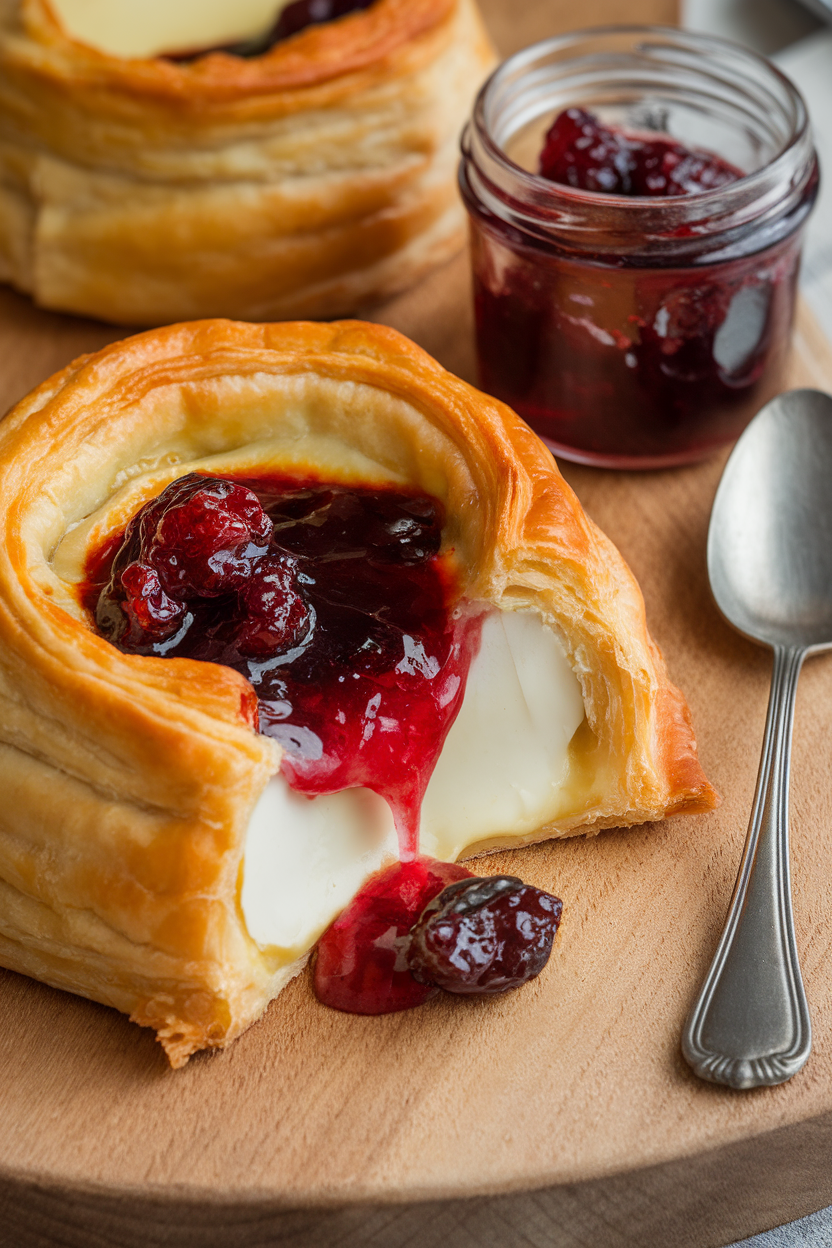 Warm indoor image of baked brie wrapped in puff pastry, cranberry jam oozing at cut, no text or logos.