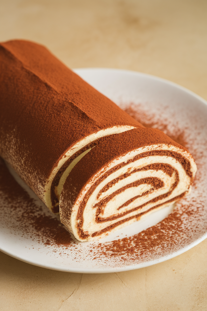 Indoor photo of a tiramisu-flavored rolled cake dusted with cocoa powder, spiral filling visible at sliced end, no text or logos