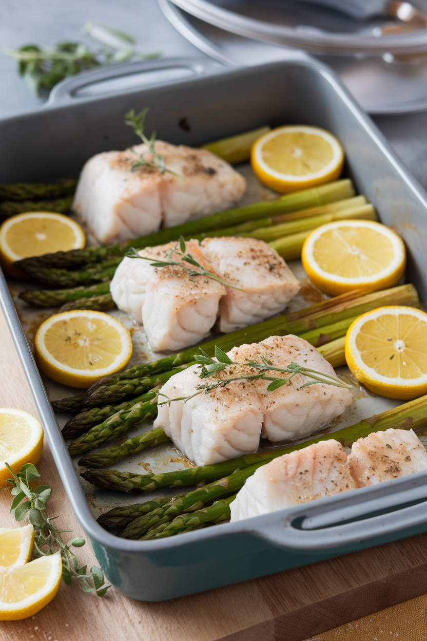 Photo of an indoor baking dish right out of the oven containing flaky cooked cod fillets, roasted asparagus spears, and lemon slices on top. No text or branding in frame.