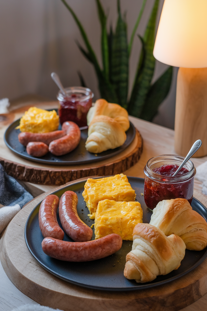 Indoor night-owl setting with a board of cooked sausage links, cheddar scrambled egg squares, mini croissants, and berry jam; no logos or text visible.