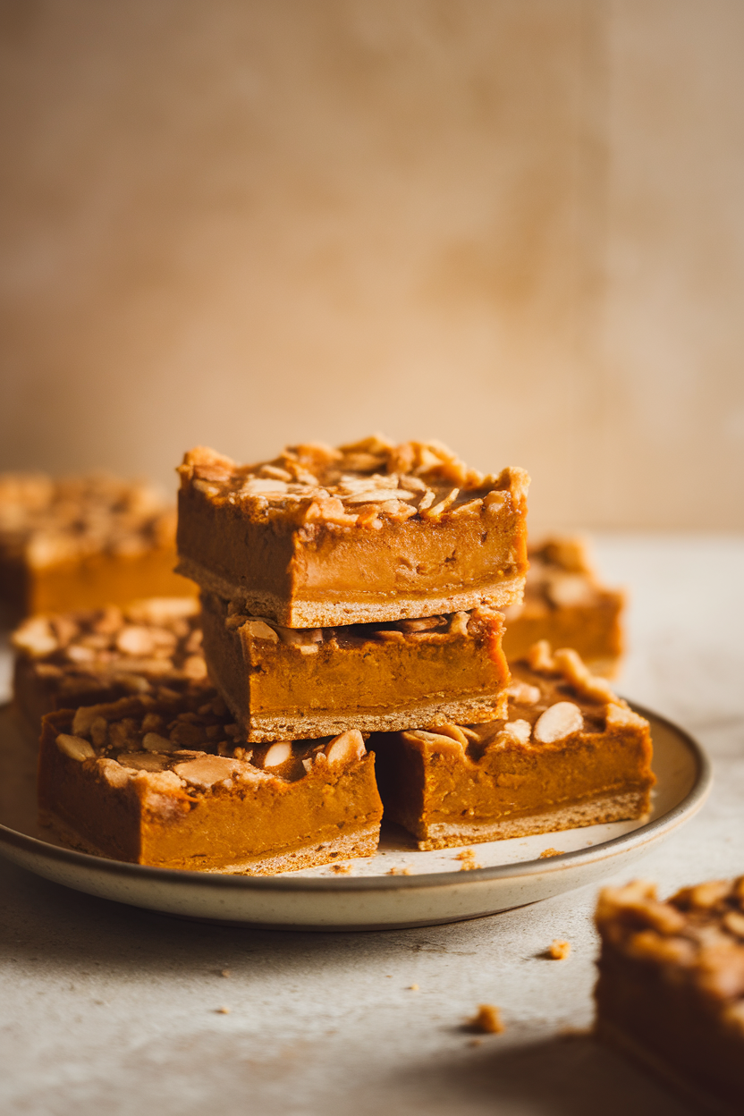 Photo of square pumpkin pie bars with almond crust stacked on a plate indoors. No text or logos.