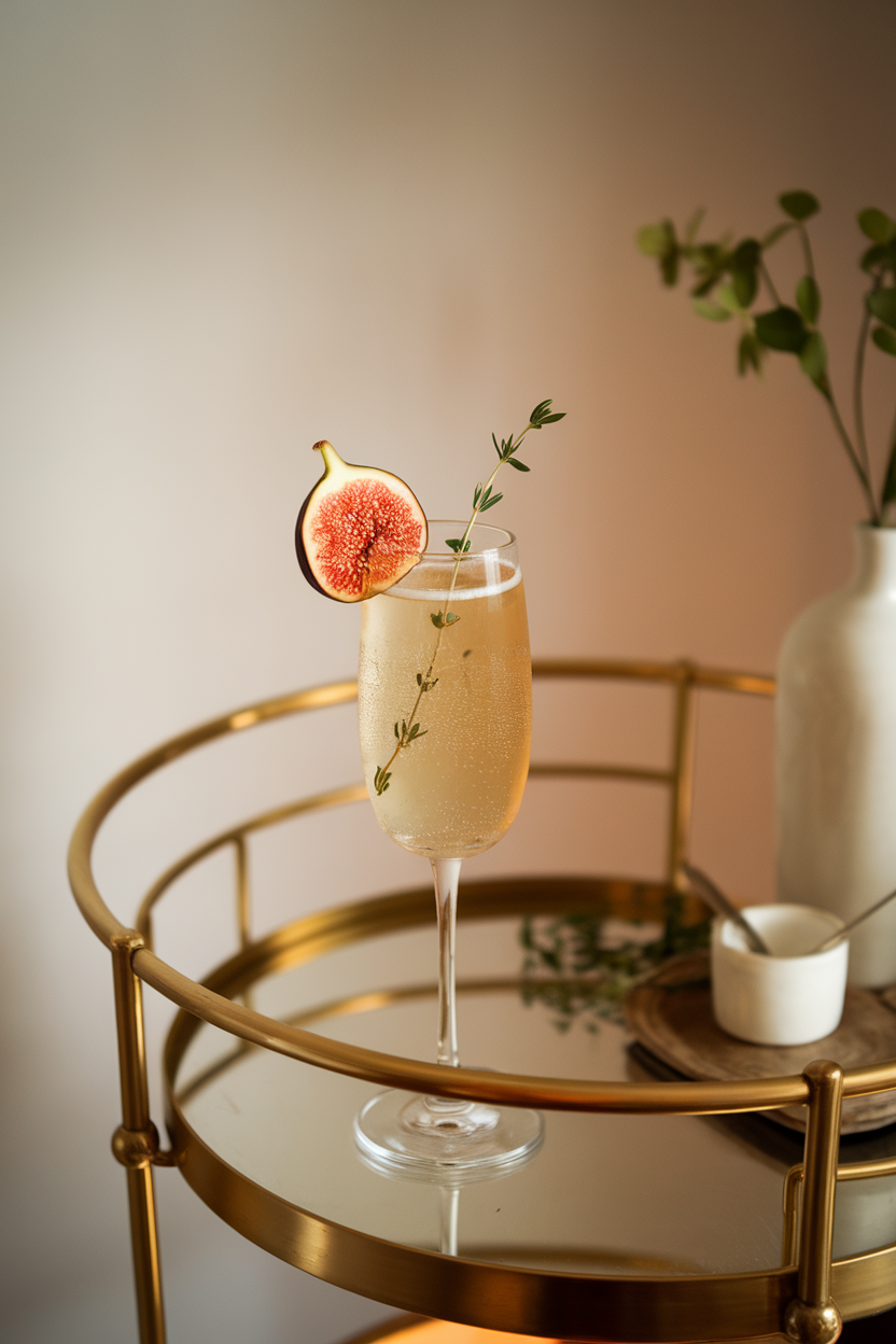 A softly lit indoor bar cart with a flute of golden prosecco cocktail, a slice of fresh fig perched on the rim, and thyme sprig inside. No text or logos; photograph, not illustration.