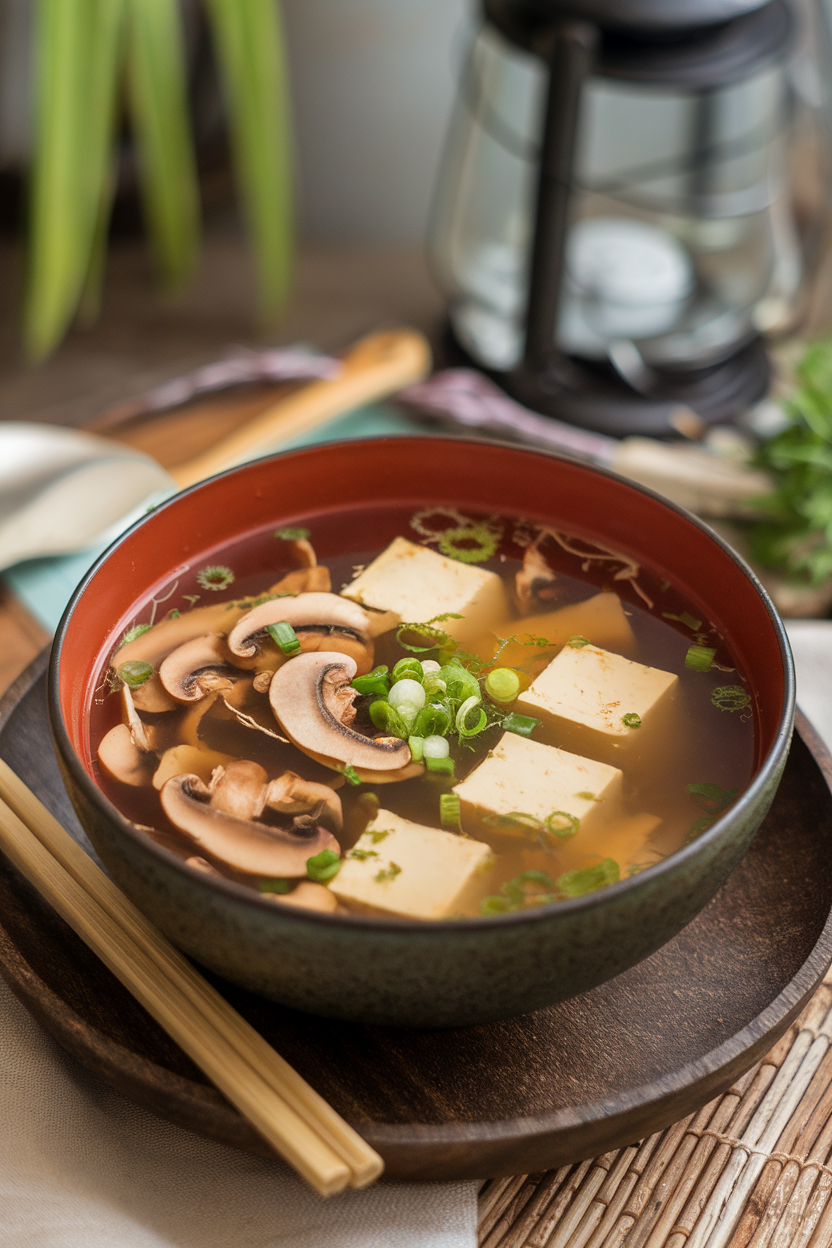 An indoor soup bowl with clear broth, sliced mushrooms, tofu cubes, and green onion floating on top. Photo, no text or logos.