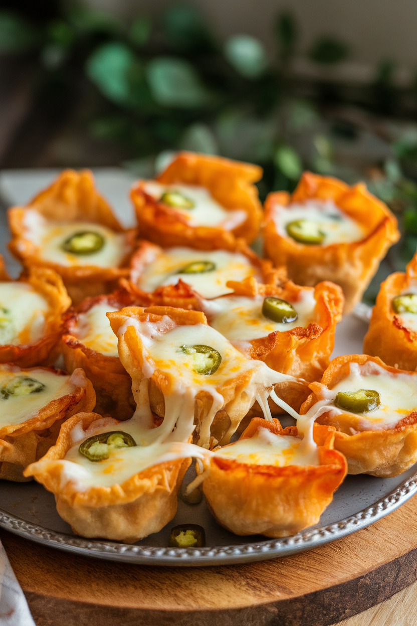 Indoor photo of crispy wonton cups filled with melted cheese and jalapeño pieces, set on a platter. No text or logos.