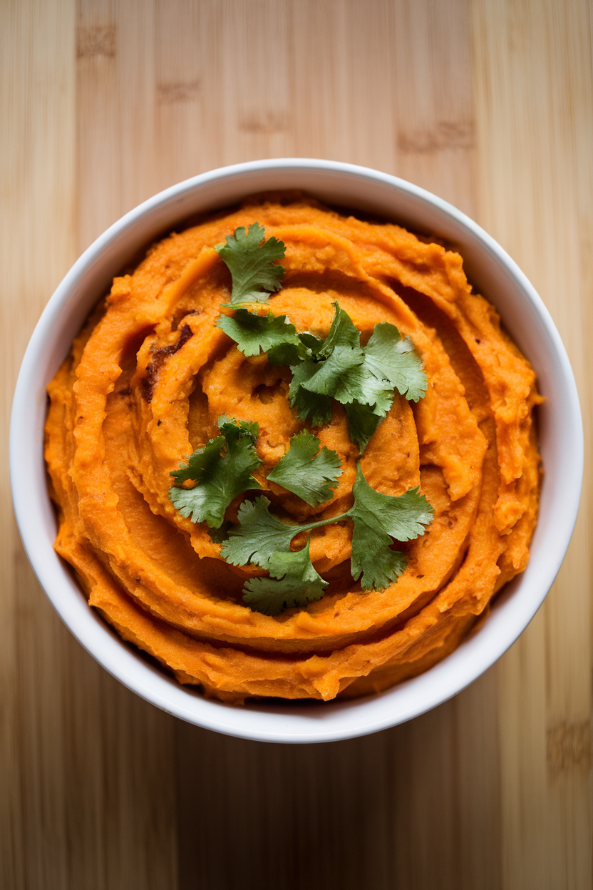 Indoor photo of mashed sweet potatoes swirled with smoky chipotle and garnished with cilantro in a white bowl. No text or logos.