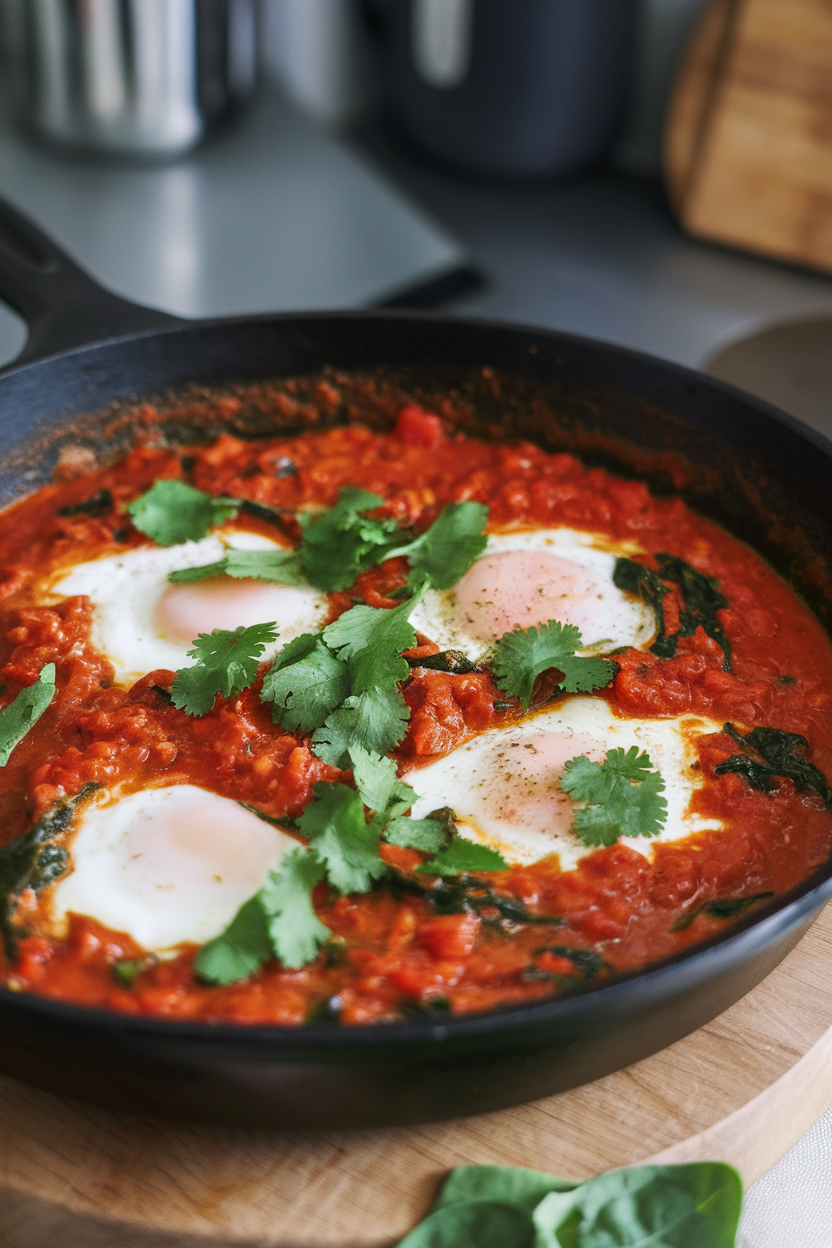 Indoor skillet showing eggs poached in tomato-spinach sauce, garnished with cilantro. No text or logos. Photo, not illustration.
