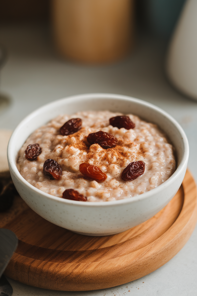 Indoor photo of a small bowl of fluffy amaranth porridge studded with raisins and dusted with cinnamon, no text or logos.