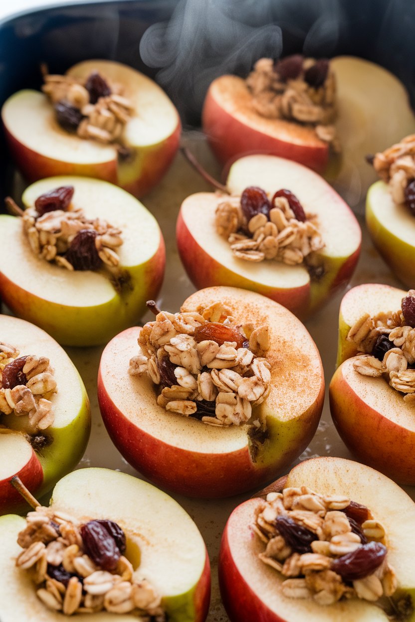 An indoor baking dish holding halved apples filled with oat and raisin mixture, cinnamon visibly sprinkled on top, steam rising slightly. No logos or text.