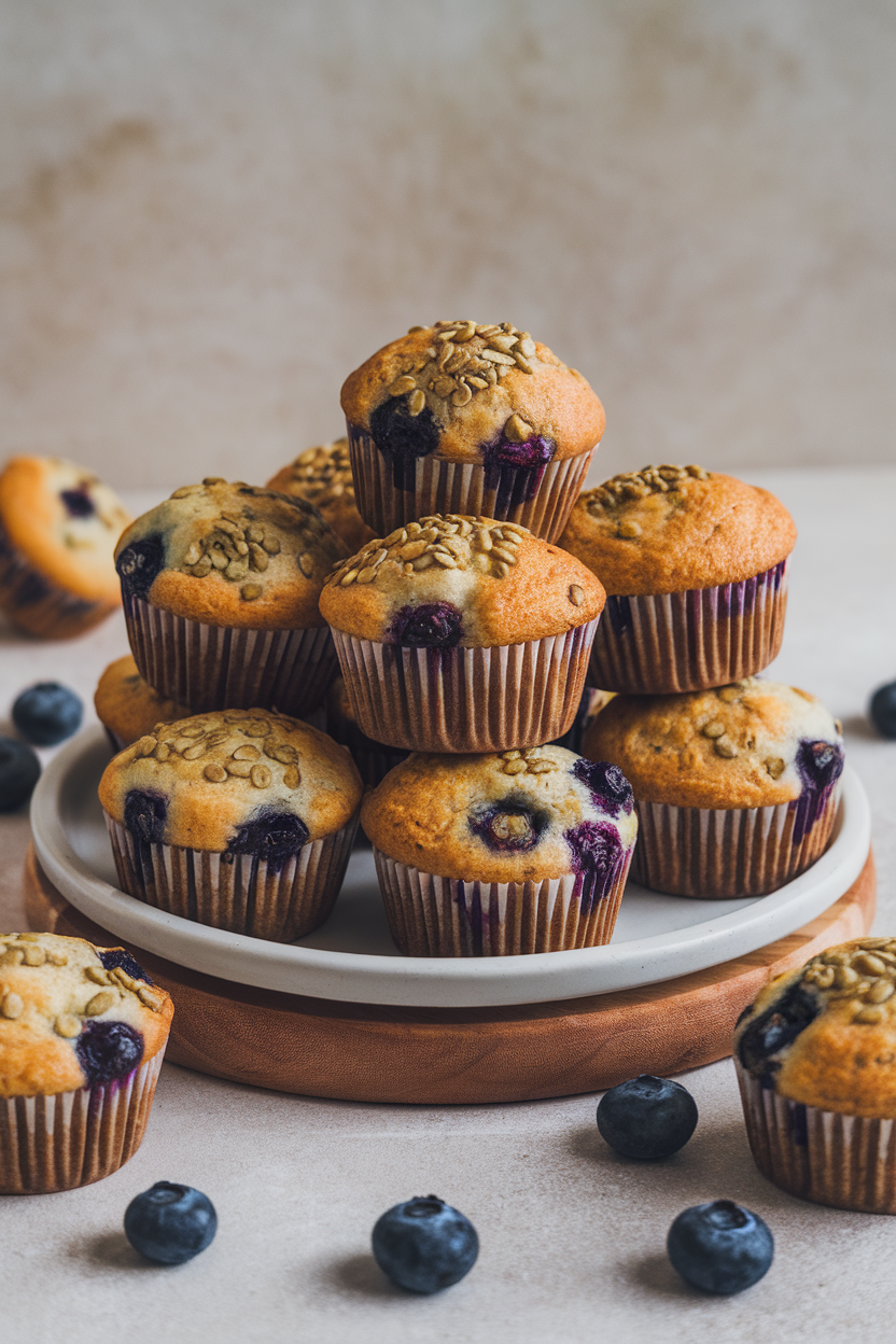Indoor photo of muffins sprinkled with hemp hearts and bursting blueberries, neutral backdrop, no text or logos