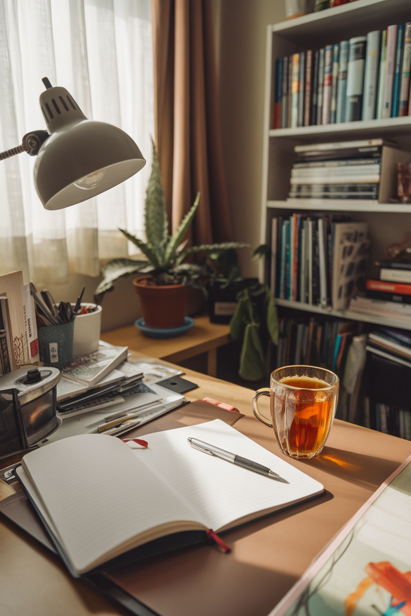 Indoor desk scene with an open notebook, a pen, and a cup of herbal tea beside it, lit by a desk lamp. No text or logos. Photo, not illustration.
