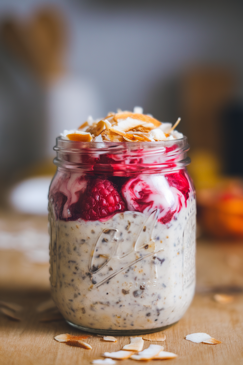 Indoor jar photo of raspberry-swirled overnight oats finished with toasted coconut flakes, no text or logos.