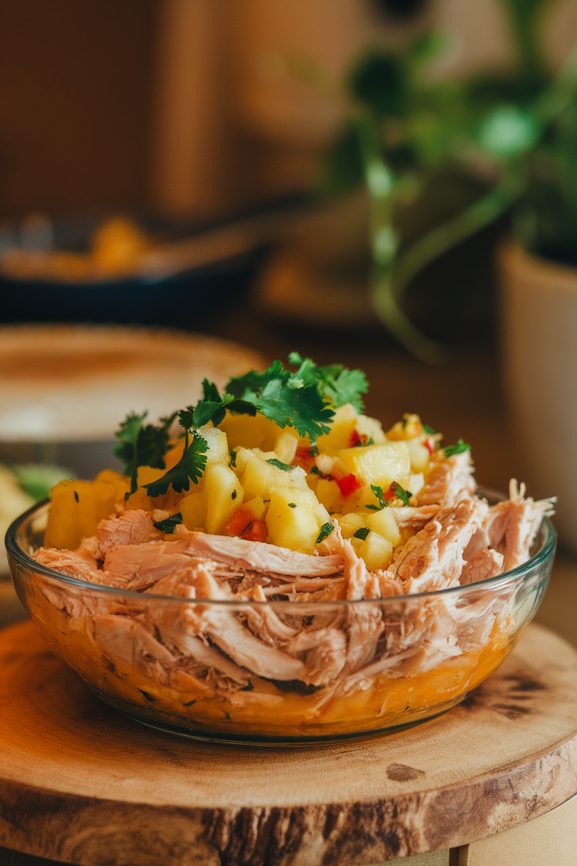 Indoor serving dish of shredded chicken mixed with pineapple salsa, cilantro scattered on top. No logos or text.