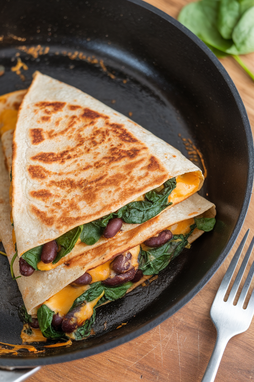 Indoor non-stick skillet with a sliced whole-wheat quesadilla spilling out spinach, black beans, and melted cheese. No text or logos visible.
