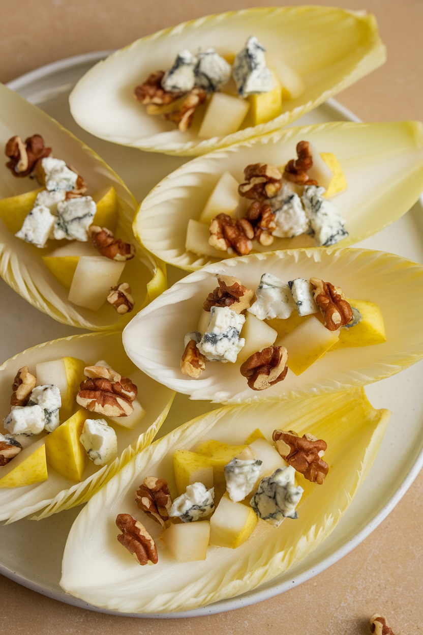 Indoor photo of crisp endive leaves filled with diced pear, crumbled blue cheese, and walnut pieces, arranged fan-style. No text or logos.