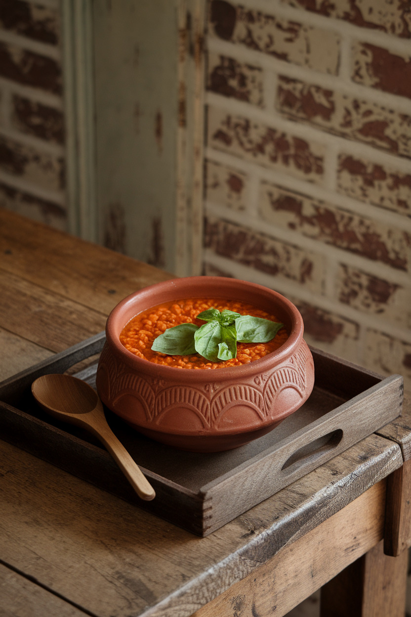 An indoor dining table with a rustic bowl of red lentil soup garnished with torn basil leaves; no text or logos.