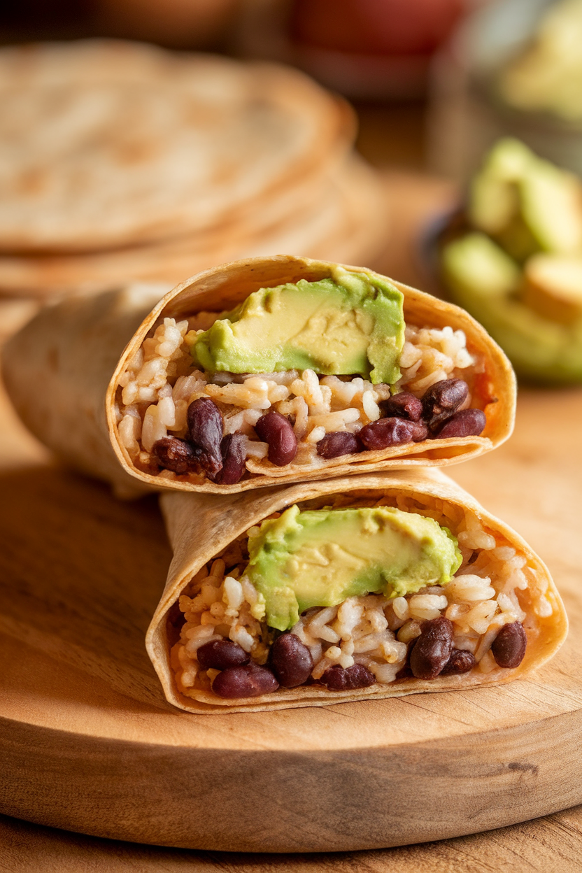 Indoor countertop shot of whole-wheat tortillas wrapped around black beans, rice, and creamy mashed avocado, sliced in half to show filling. No logos or text visible.