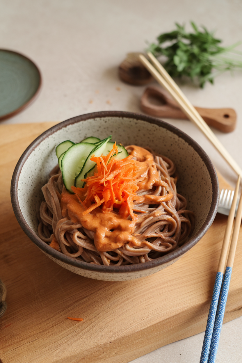 Ceramic bowl indoors containing soba noodles coated in peanut sauce, topped with shredded carrots and cucumber ribbons, no text or logos