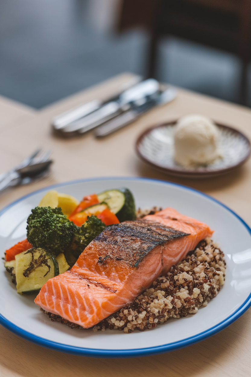 An indoor dinner plate showing grilled salmon, quinoa, and veggies, with a small scoop of ice cream on a side dish—photo, no text or logos.