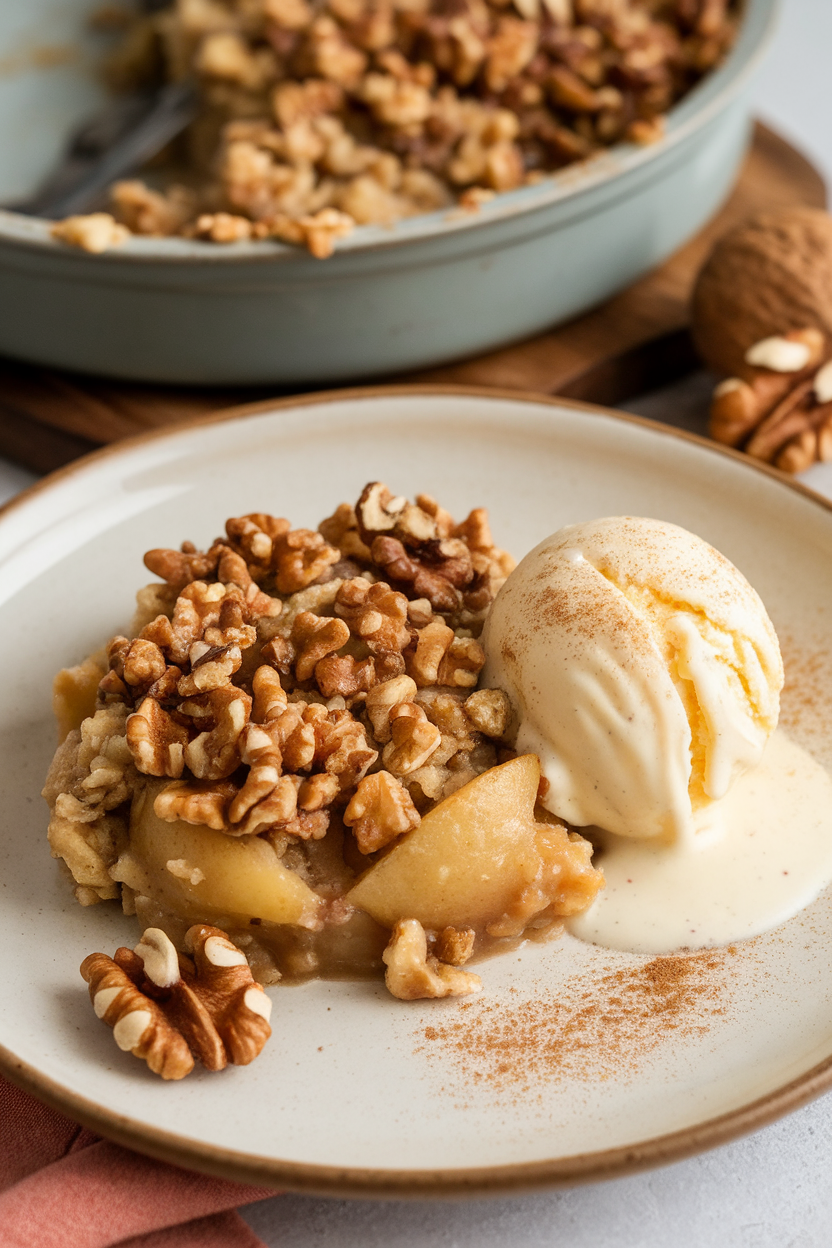 An indoor dessert plate with a serving of warm pear crumble, walnuts visible in the crunchy topping, a scoop of vegan vanilla ice cream melting alongside. This should be a photo, not an illustration. No text or logos anywhere in the scene.