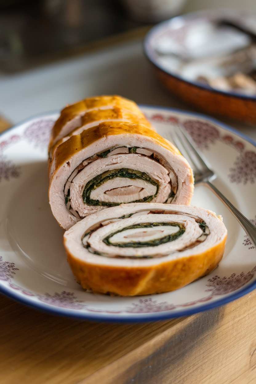 A porcelain plate indoors with sliced turkey roll showing a spiral of mushroom and spinach filling. Photo, no text or logos.
