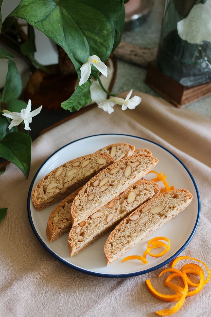 An indoor coffee table scene with diagonal-cut biscotti pieces revealing almonds inside, orange zest curls nearby. Photo, no text or logos.