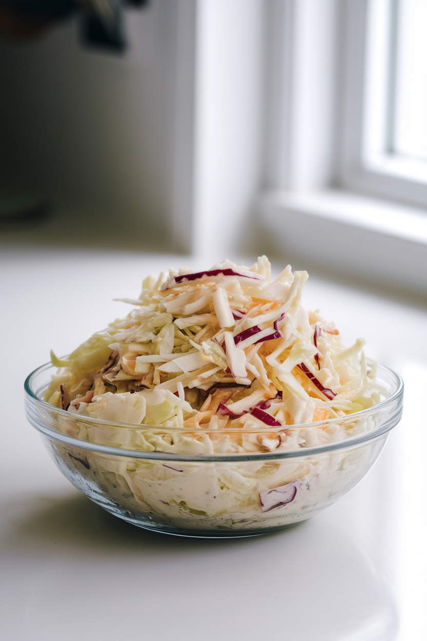 A brightly lit indoor countertop with a bowl of all-white coleslaw made from shredded cabbage, parsnip, and kohlrabi coated in yogurt dressing. No logos or text; photo only.