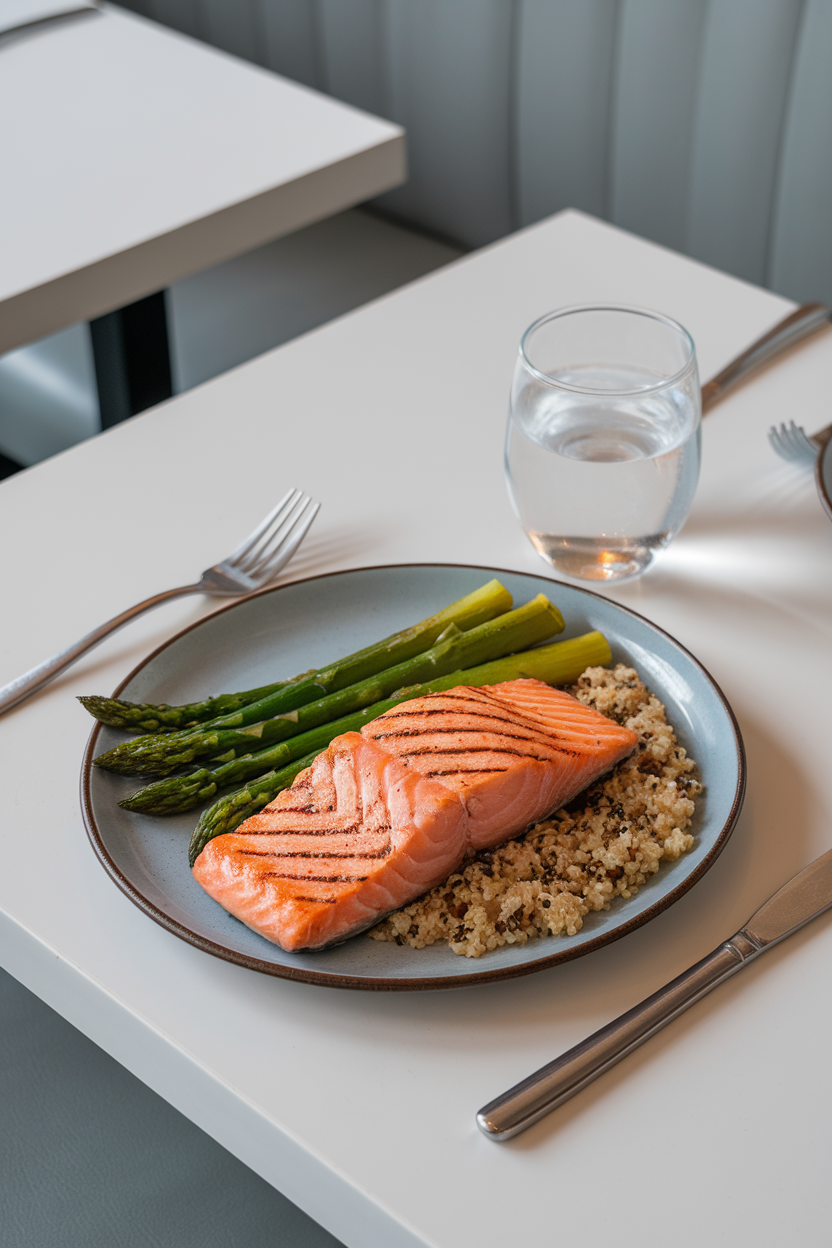An indoor restaurant tabletop with a plate of grilled salmon, steamed asparagus, and quinoa, water glass in the background. No identifiable restaurant branding. Photo.