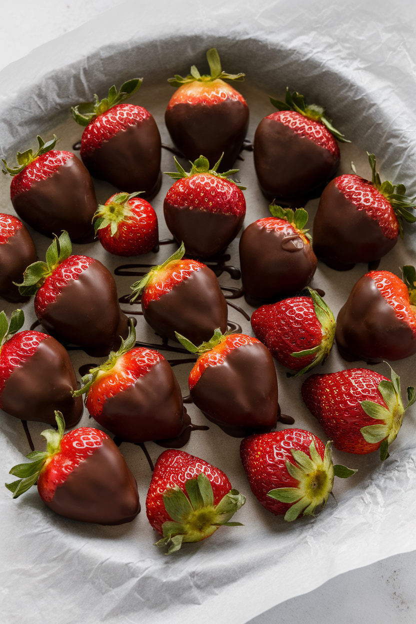 Indoor tray of ripe strawberries half-coated in glossy dark chocolate, set on parchment; no text or logos, photo style.