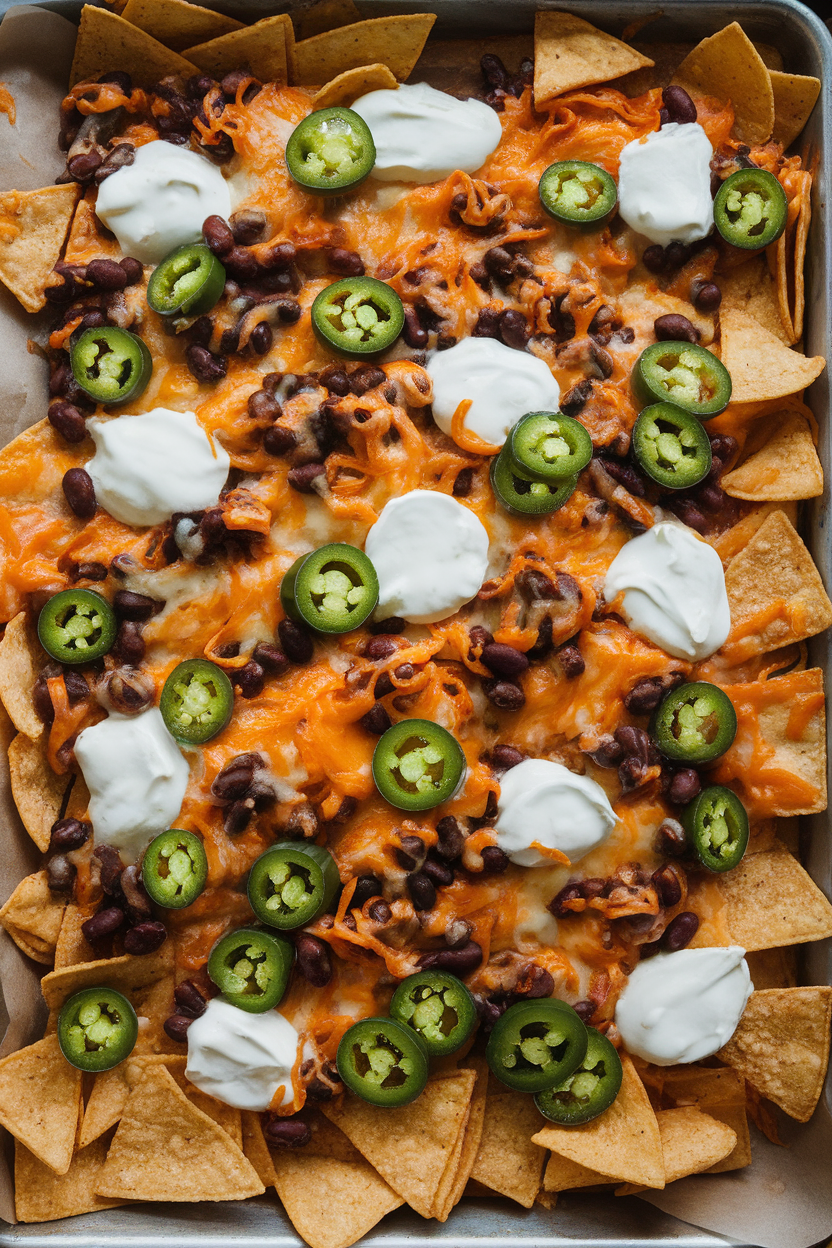 Indoor photo of a sheet pan covered with tortilla chips, melted cheese, jalapeños, black beans, and dollops of sour cream, shot from a slight overhead angle. No text or logos.
