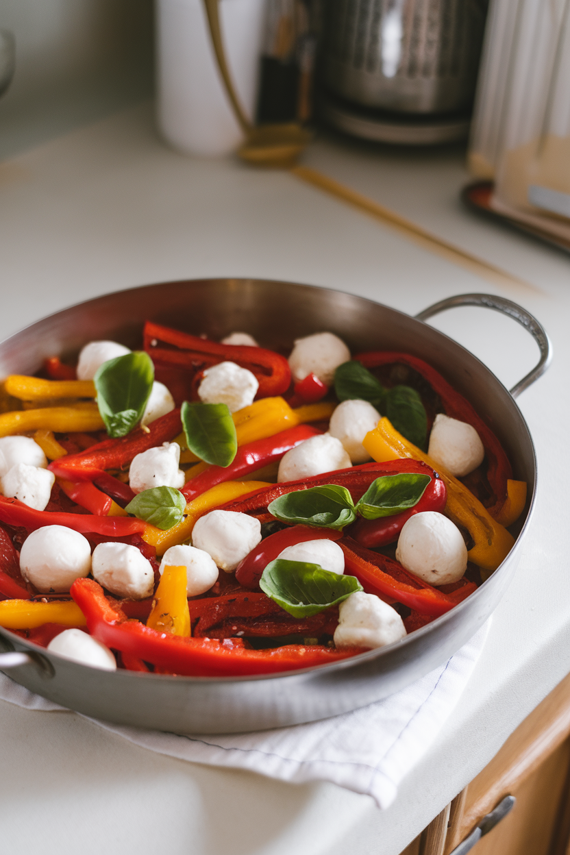 Photo of an indoor kitchen table showing roasted red and yellow pepper strips with mini mozzarella balls and basil leaves in a shallow dish. No text or logos.