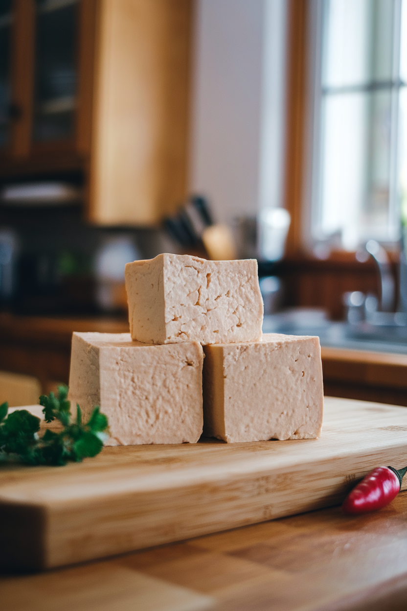 An indoor cutting board showing pressed, cubed firm tofu ready for marinating, no text or logos on surrounding items.