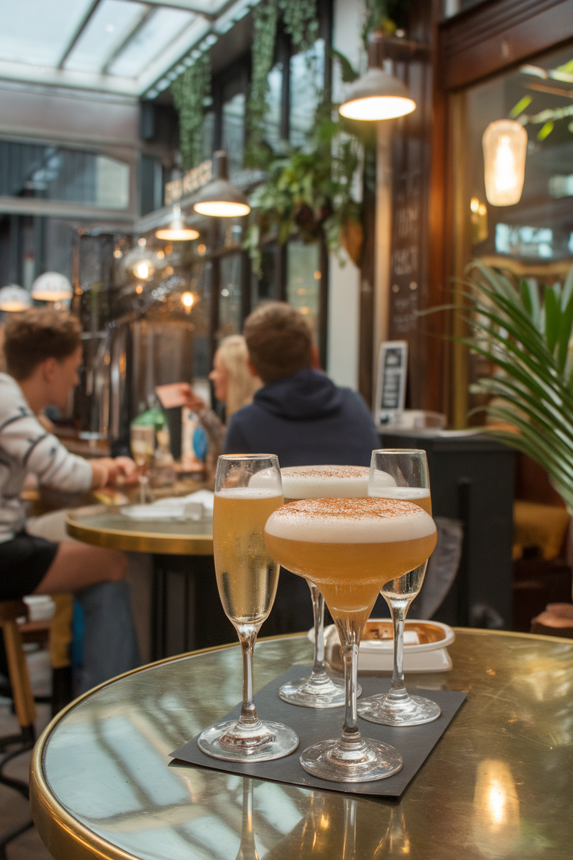 An indoor cozy café setting with a coupe of champagne cocktail containing micro-foam and a dusting of ground cinnamon on top. Photo, not illustration. No text or logos.