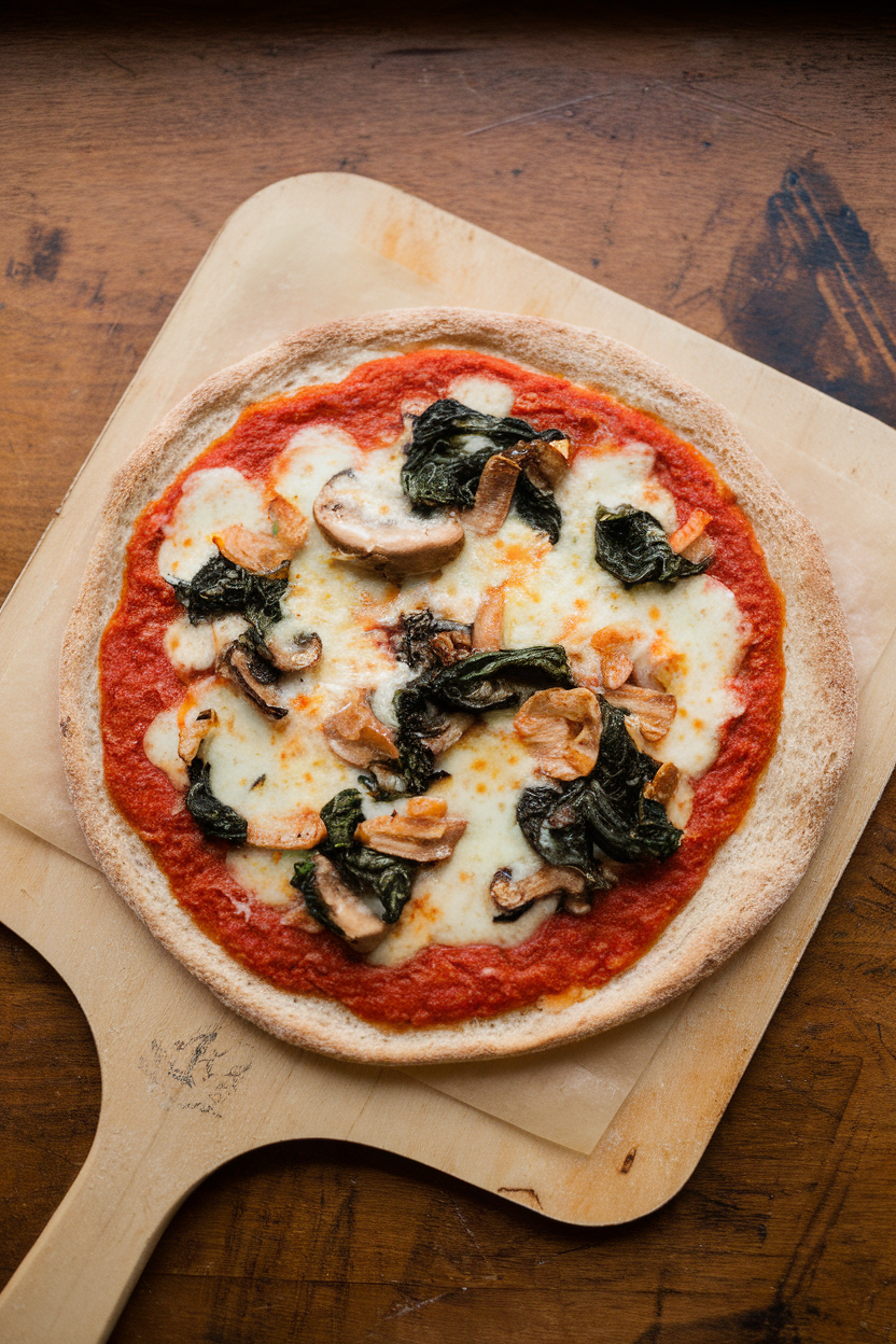 An indoor pizza peel displaying a round whole-wheat crust topped with tomato sauce, spinach, mushrooms, and a light scattering of mozzarella, cheese melted and bubbly. No text or logos shown.