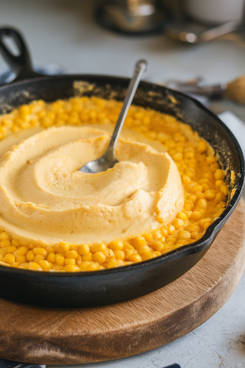 Cast-iron skillet indoors filled with creamy golden corn pudding, slight jiggle in center, spoon impression visible. No text or logos. Photo.