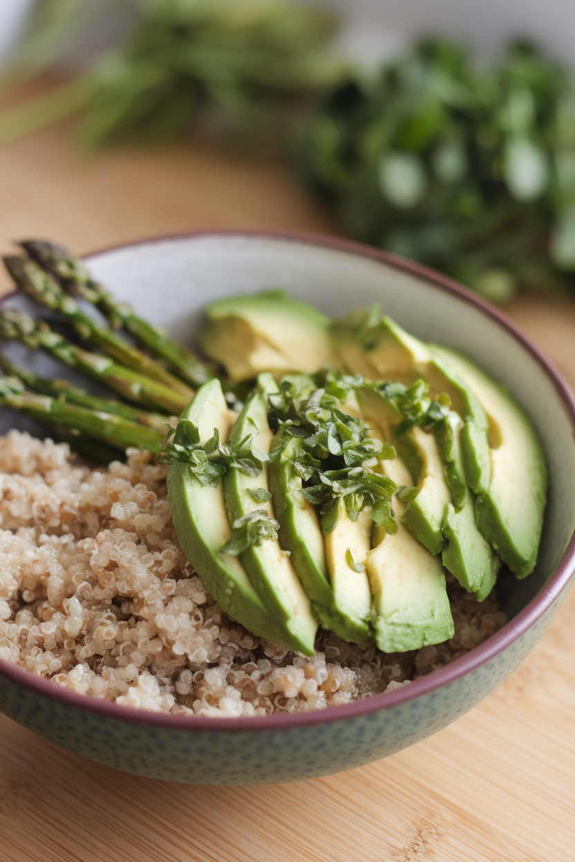 Indoor photo of a bowl featuring quinoa, roasted asparagus, avocado slices, and a drizzle of green herb dressing; no text or logos.