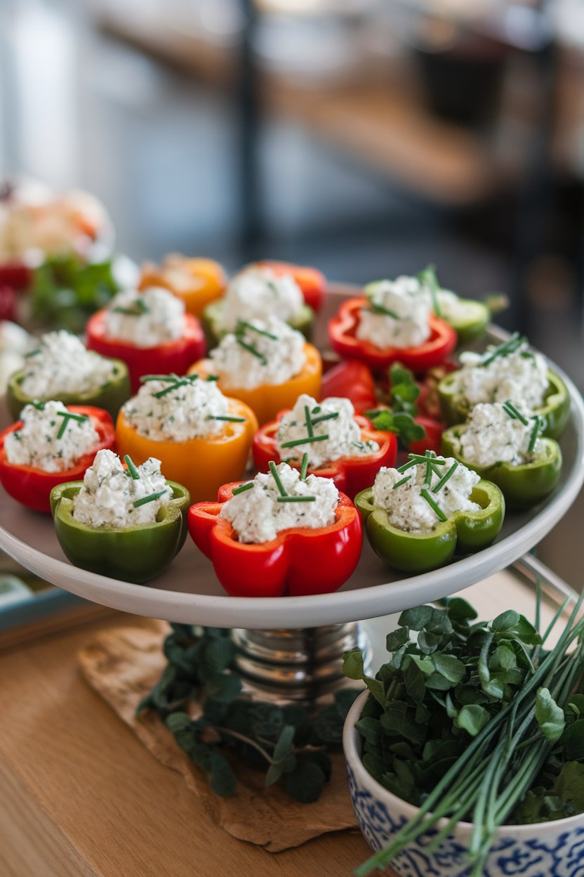 An indoor platter of halved mini bell peppers filled with herbed cottage cheese, sprinkled with chives. No text or logos.